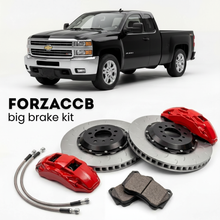 Black Chevrolet Silverado 2500 HD GMT900) Regular Cab Long Box (2007-2010 (II) shown above a ForzaCCB iron rotor big brake kit with 2x red 6-piston front calipers, 2x two-piece floating ventilated brake discs 380 mm, set of brake pads, and brake lines.