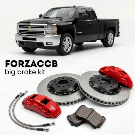 Black Chevrolet Silverado 2500 HD GMT900) Regular Cab Long Box (2007-2010 (II) shown above a ForzaCCB iron rotor big brake kit with 2x red 6-piston front calipers, 2x two-piece floating ventilated brake discs 380 mm, set of brake pads, and brake lines.