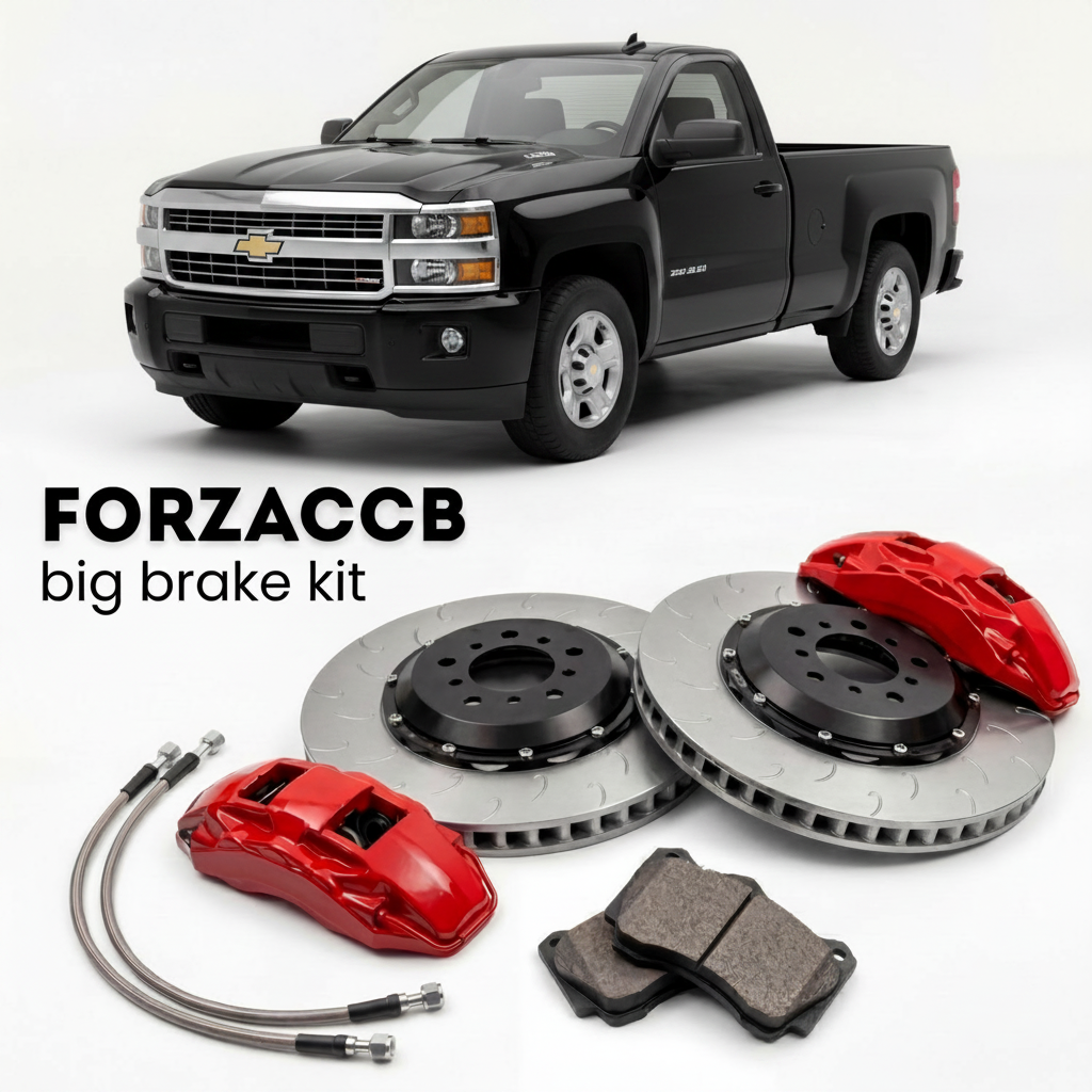 Black Chevrolet Silverado 2500 HD GMT900, facelift 2011) Regular Cab Long Box (2011-2014 (II) shown above a ForzaCCB iron rotor big brake kit with 2x red 6-piston front calipers, 2x two-piece floating ventilated brake discs 380 mm, set of brake pads, and brake lines.