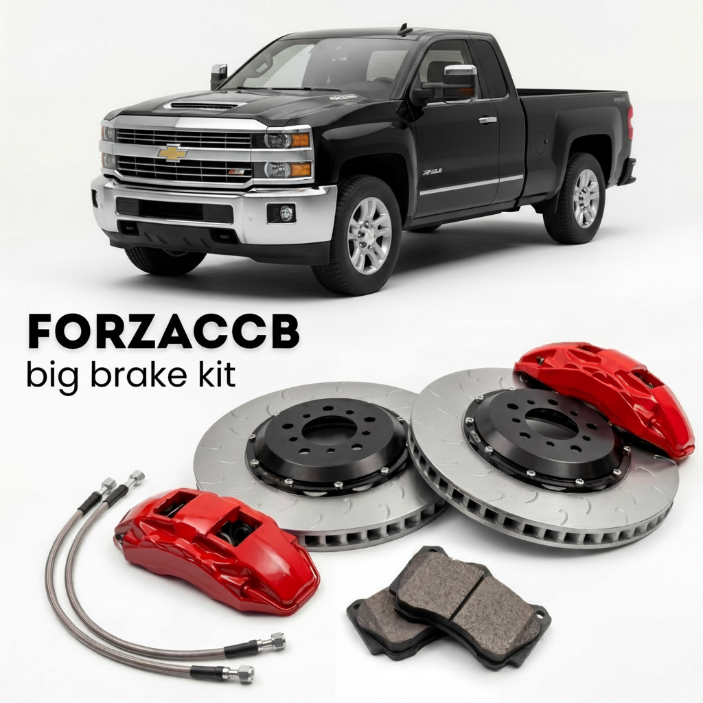 Black Chevrolet Silverado 2500 HD K2XX) Regular Cab Long Box (2015-2019 (III) shown above a ForzaCCB iron rotor big brake kit with 2x red 6-piston front calipers, 2x two-piece floating ventilated brake discs 380 mm, set of brake pads, and brake lines.