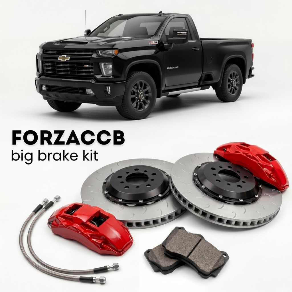 Black Chevrolet Silverado 2500 HD T1XX) Regular Cab Long Bed (2020-2023 (IV) shown above a ForzaCCB iron rotor big brake kit with 2x red 6-piston front calipers, 2x two-piece floating ventilated brake discs 380 mm, set of brake pads, and brake lines.