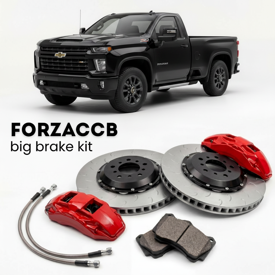 Black Chevrolet Silverado 2500 HD T1XX) Regular Cab Long Bed (2020-2023 (IV) shown above a ForzaCCB iron rotor big brake kit with 2x red 6-piston front calipers, 2x two-piece floating ventilated brake discs 380 mm, set of brake pads, and brake lines.