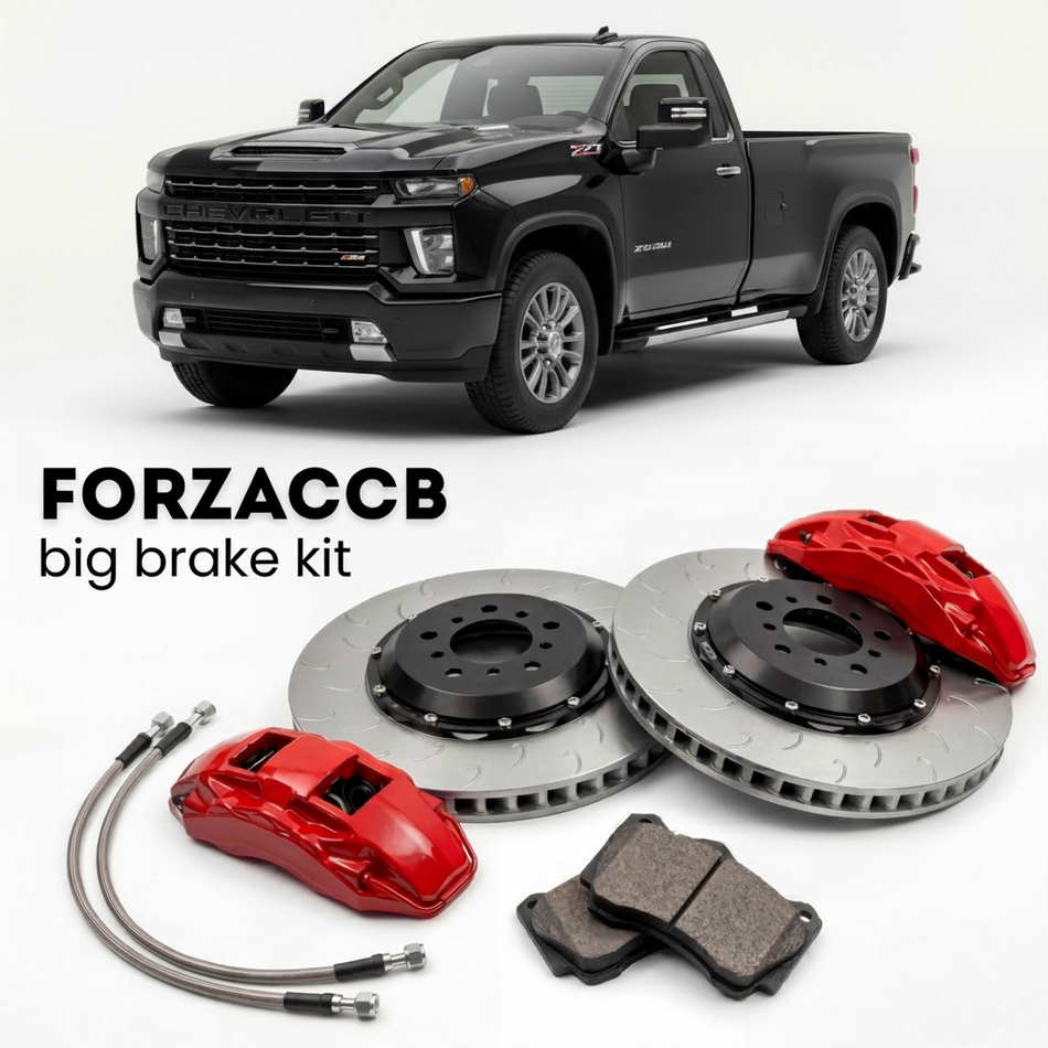 Black Chevrolet Silverado 2500 HD T1XX, facelift 2024) Regular Cab Long Bed (2023+ (IV) shown above a ForzaCCB iron rotor big brake kit with 2x red 6-piston front calipers, 2x two-piece floating ventilated brake discs 380 mm, set of brake pads, and brake lines.