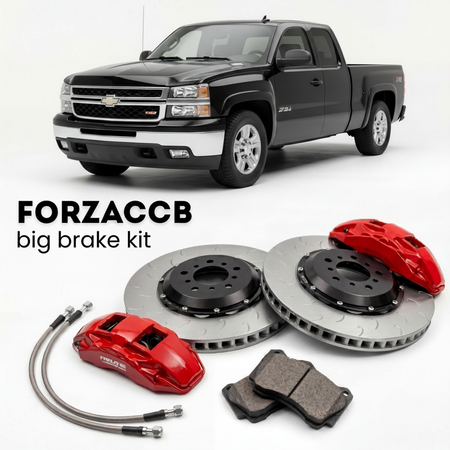 Black Chevrolet Silverado 3500 HD facelift 2003) Crew Cab (2005-2006 (I) shown above a ForzaCCB iron rotor big brake kit with 2x red 6-piston front calipers, 2x two-piece floating ventilated brake discs 380 mm, set of brake pads, and brake lines.