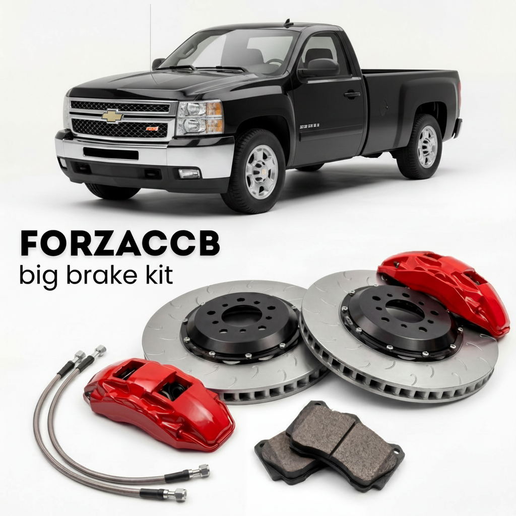 Black Chevrolet Silverado 3500 HD GMT900) Regular Cab Long Box (2007-2010 (II) shown above a ForzaCCB iron rotor big brake kit with 2x red 6-piston front calipers, 2x two-piece floating ventilated brake discs 380 mm, set of brake pads, and brake lines.