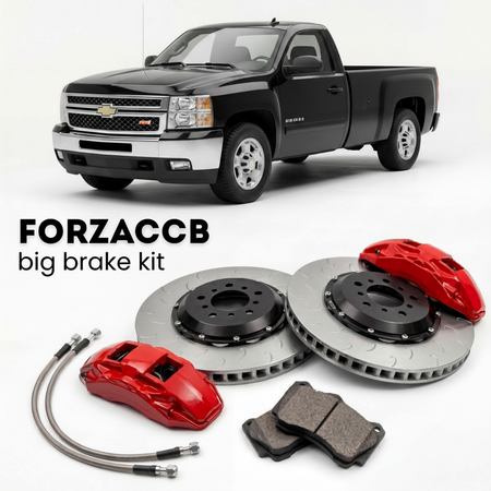 Black Chevrolet Silverado 3500 HD GMT900) Regular Cab Long Box (2007-2010 (II) shown above a ForzaCCB iron rotor big brake kit with 2x red 6-piston front calipers, 2x two-piece floating ventilated brake discs 380 mm, set of brake pads, and brake lines.