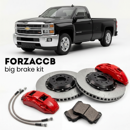 Black Chevrolet Silverado 3500 HD GMT900, facelift 2011) Regular Cab Long Box (2011-2014 (II) shown above a ForzaCCB iron rotor big brake kit with 2x red 6-piston front calipers, 2x two-piece floating ventilated brake discs 380 mm, set of brake pads, and brake lines.