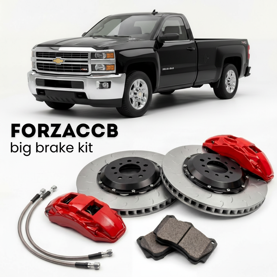 Black Chevrolet Silverado 3500 HD GMT900, facelift 2011) Regular Cab Long Box (2011-2014 (II) shown above a ForzaCCB iron rotor big brake kit with 2x red 6-piston front calipers, 2x two-piece floating ventilated brake discs 380 mm, set of brake pads, and brake lines.