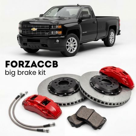 Black Chevrolet Silverado 3500 HD K2XX) Regular Cab Long Box (2015-2019 (III) shown above a ForzaCCB iron rotor big brake kit with 2x red 6-piston front calipers, 2x two-piece floating ventilated brake discs 380 mm, set of brake pads, and brake lines.