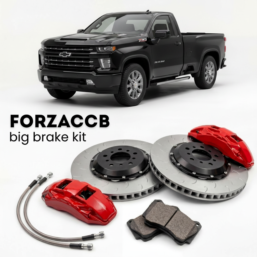 Black Chevrolet Silverado 3500 HD T1XX) Regular Cab Long Bed (2020-2023 (IV) shown above a ForzaCCB iron rotor big brake kit with 2x red 6-piston front calipers, 2x two-piece floating ventilated brake discs 380 mm, set of brake pads, and brake lines.