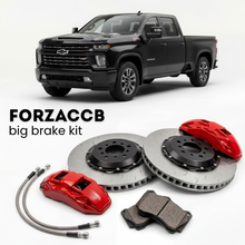 Black Chevrolet Silverado 3500 HD T1XX, facelift 2024) Regular Cab Long Bed (2024+ (IV) shown above a ForzaCCB iron rotor big brake kit with 2x red 6-piston front calipers, 2x two-piece floating ventilated brake discs 380 mm, set of brake pads, and brake lines.