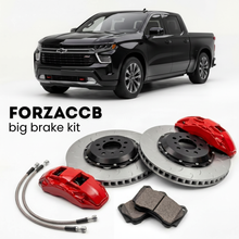 Black Chevrolet Silverado EV Crew Cab (2023+) shown above a ForzaCCB iron rotor big brake kit with 2x red 6-piston front calipers, 2x two-piece floating ventilated brake discs 380 mm, set of brake pads, and brake lines.