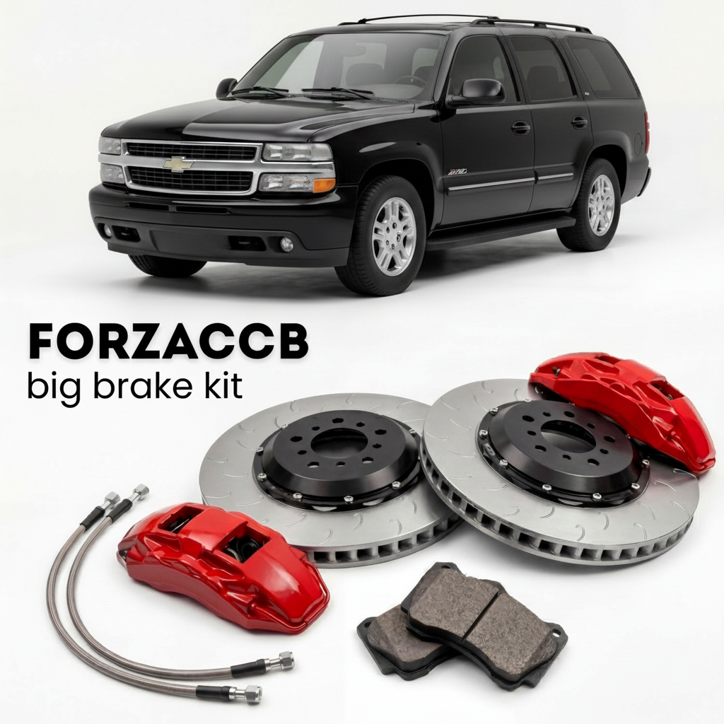 Black Chevrolet Suburban GMT800 (2005-2006) shown above a ForzaCCB iron rotor big brake kit with 2x red 6-piston front calipers, 2x two-piece floating ventilated brake discs 380 mm, set of brake pads, and brake lines.