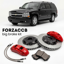 Black Chevrolet Suburban GMT800 (2005-2006) shown above a ForzaCCB iron rotor big brake kit with 2x red 6-piston front calipers, 2x two-piece floating ventilated brake discs 380 mm, set of brake pads, and brake lines.