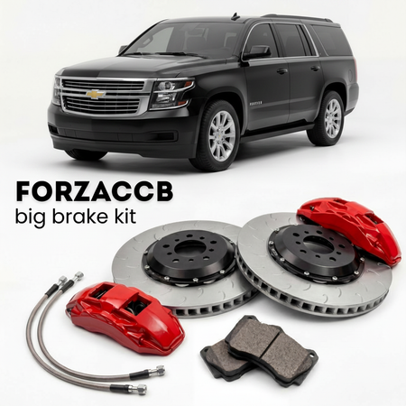 Black Chevrolet Suburban GMTK2YC/G (2014-2020) shown above a ForzaCCB iron rotor big brake kit with 2x red 6-piston front calipers, 2x two-piece floating ventilated brake discs 380 mm, set of brake pads, and brake lines.