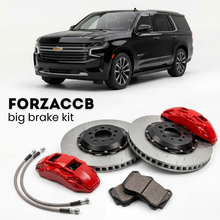 Black Chevrolet Suburban GMTT1XX, facelift 2024 (2024+) shown above a ForzaCCB iron rotor big brake kit with 2x red 6-piston front calipers, 2x two-piece floating ventilated brake discs 380 mm, set of brake pads, and brake lines.