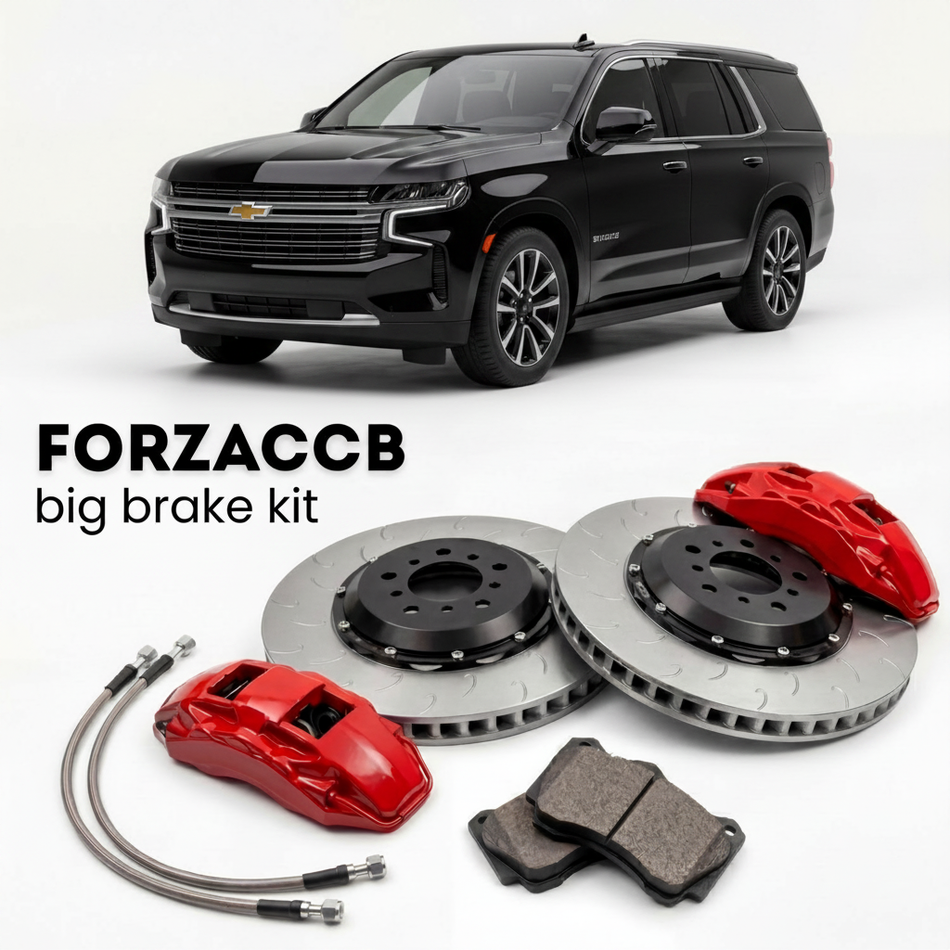 Black Chevrolet Suburban GMTT1XX, facelift 2024 (2024+) shown above a ForzaCCB iron rotor big brake kit with 2x red 6-piston front calipers, 2x two-piece floating ventilated brake discs 380 mm, set of brake pads, and brake lines.