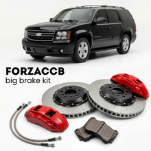 Black Chevrolet Tahoe GMT820 (2005-2007) shown above a ForzaCCB iron rotor big brake kit with 2x red 6-piston front calipers, 2x two-piece floating ventilated brake discs 380 mm, set of brake pads, and brake lines.