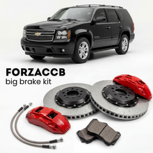 Black Chevrolet Tahoe GMT900 (2007-2014) shown above a ForzaCCB iron rotor big brake kit with 2x red 6-piston front calipers, 2x two-piece floating ventilated brake discs 380 mm, set of brake pads, and brake lines.