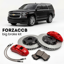Black Chevrolet Tahoe GMTK2UC/G (2014-2020) shown above a ForzaCCB iron rotor big brake kit with 2x red 6-piston front calipers, 2x two-piece floating ventilated brake discs 380 mm, set of brake pads, and brake lines.