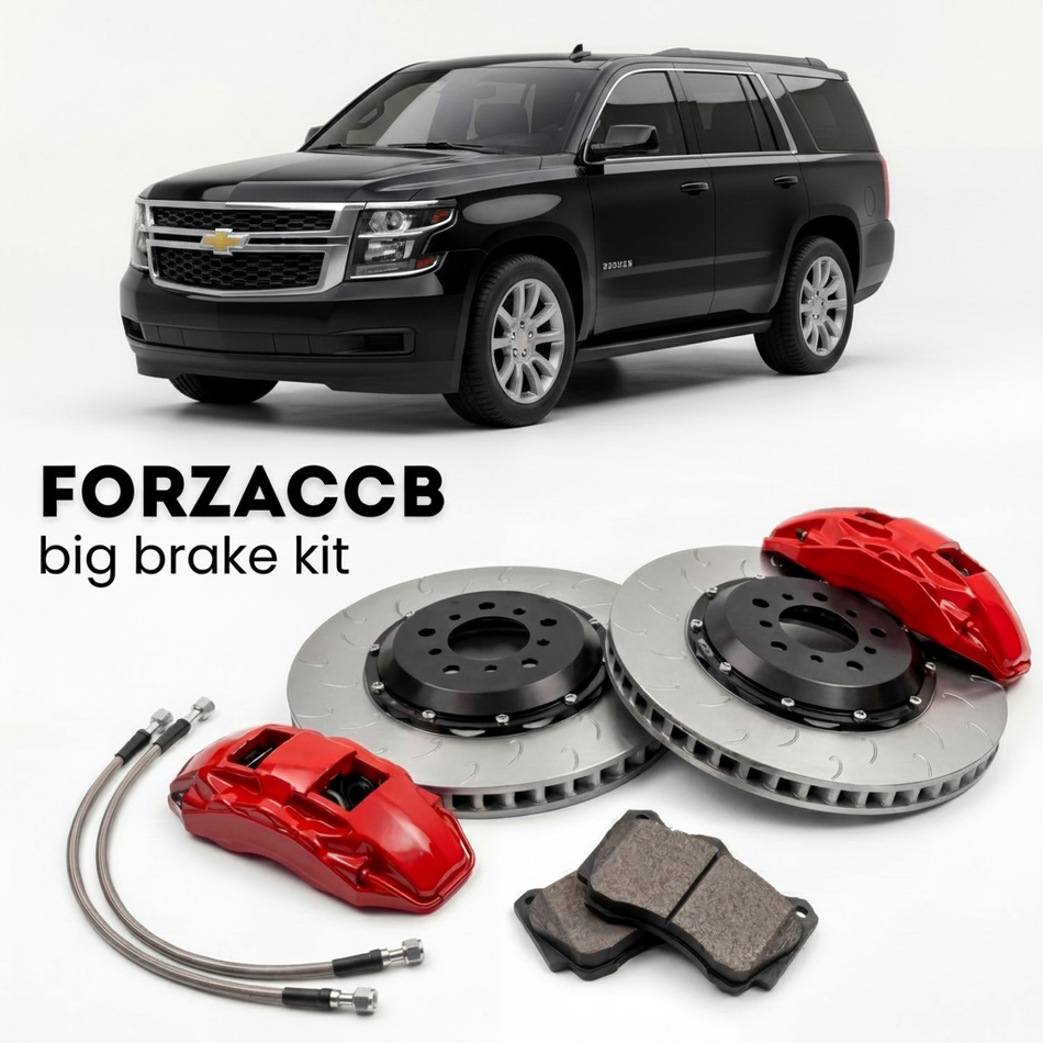 Black Chevrolet Tahoe GMTK2UC/G (2014-2020) shown above a ForzaCCB iron rotor big brake kit with 2x red 6-piston front calipers, 2x two-piece floating ventilated brake discs 380 mm, set of brake pads, and brake lines.