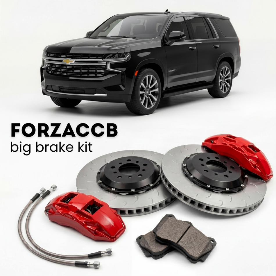 Black Chevrolet Tahoe GMTT1XX (2020-2024) shown above a ForzaCCB iron rotor big brake kit with 2x red 6-piston front calipers, 2x two-piece floating ventilated brake discs 380 mm, set of brake pads, and brake lines.
