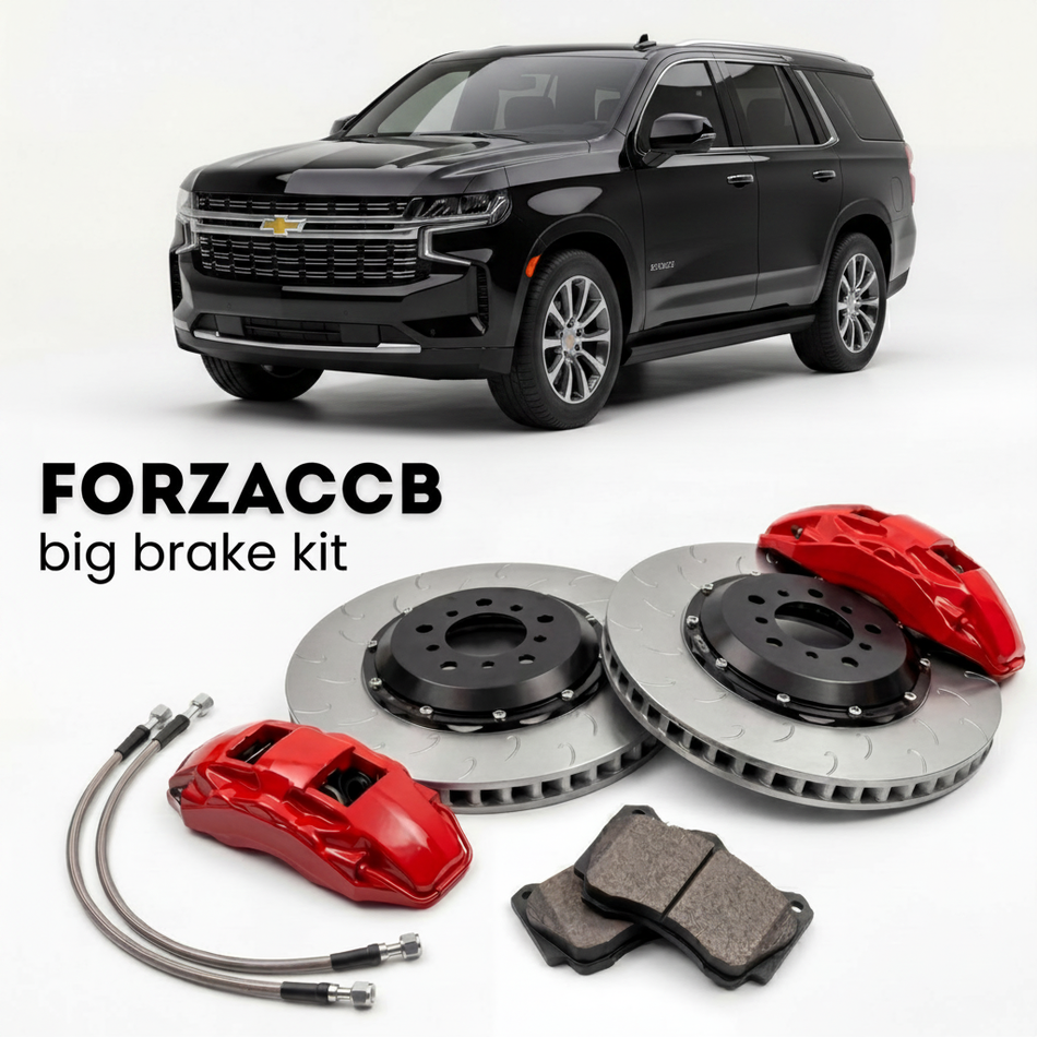 Black Chevrolet Tahoe GMTT1XX, facelift 2024 (2024+) shown above a ForzaCCB iron rotor big brake kit with 2x red 6-piston front calipers, 2x two-piece floating ventilated brake discs 380 mm, set of brake pads, and brake lines.