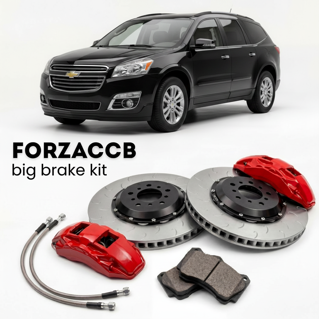Black Chevrolet Traverse I (2009-2012) shown above a ForzaCCB iron rotor big brake kit with 2x red 6-piston front calipers, 2x two-piece floating ventilated brake discs 380 mm, set of brake pads, and brake lines.