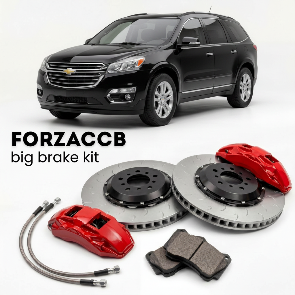 Black Chevrolet Traverse facelift 2012) (2012-2017 (I) shown above a ForzaCCB iron rotor big brake kit with 2x red 6-piston front calipers, 2x two-piece floating ventilated brake discs 380 mm, set of brake pads, and brake lines.