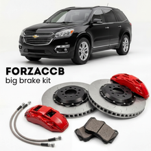 Black Chevrolet Traverse facelift 2012) (2012-2017 (I) shown above a ForzaCCB iron rotor big brake kit with 2x red 6-piston front calipers, 2x two-piece floating ventilated brake discs 380 mm, set of brake pads, and brake lines.