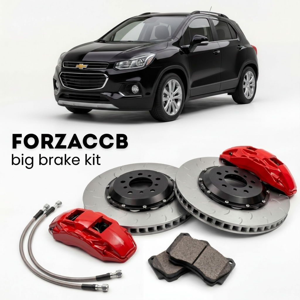 Black Chevrolet Trax I (2013-2017) shown above a ForzaCCB iron rotor big brake kit with 2x red 6-piston front calipers, 2x two-piece floating ventilated brake discs 380 mm, set of brake pads, and brake lines.