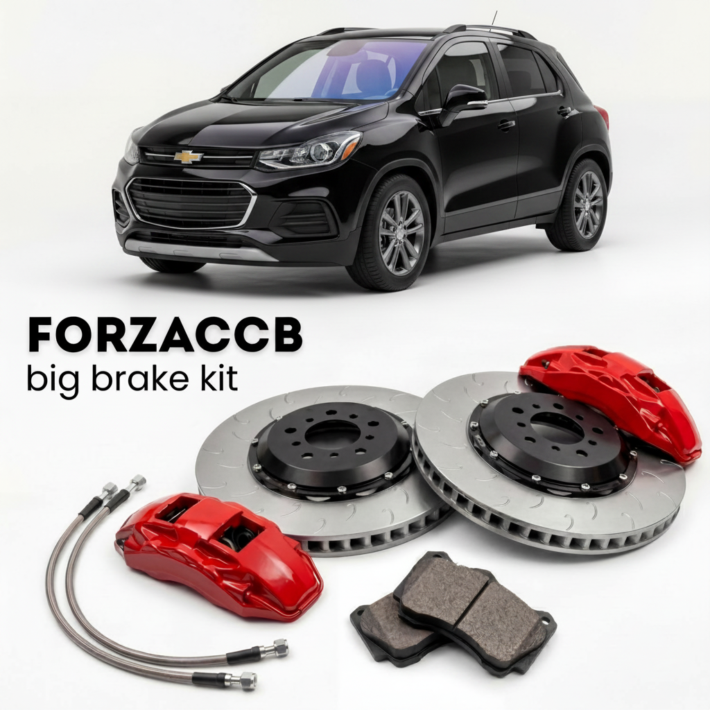 Black Chevrolet Trax facelift 2017) (2017-2022 (I) shown above a ForzaCCB iron rotor big brake kit with 2x red 6-piston front calipers, 2x two-piece floating ventilated brake discs 380 mm, set of brake pads, and brake lines.