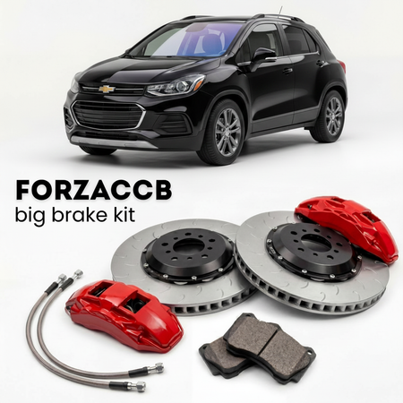 Black Chevrolet Trax facelift 2017) (2017-2022 (I) shown above a ForzaCCB iron rotor big brake kit with 2x red 6-piston front calipers, 2x two-piece floating ventilated brake discs 380 mm, set of brake pads, and brake lines.