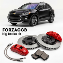 Black Chevrolet Trax II (2022+) shown above a ForzaCCB iron rotor big brake kit with 2x red 6-piston front calipers, 2x two-piece floating ventilated brake discs 380 mm, set of brake pads, and brake lines.
