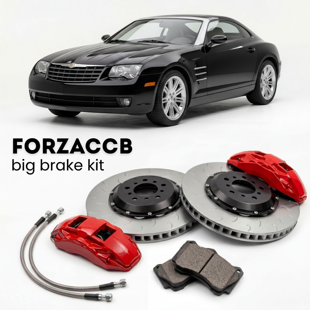 Black Chrysler Crossfire (2005-2007) shown above a ForzaCCB iron rotor big brake kit with 2x red 6-piston front calipers, 2x two-piece floating ventilated brake discs 380 mm, set of brake pads, and brake lines.