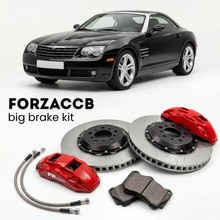 Black Chrysler Crossfire Roadster (2005-2007) shown above a ForzaCCB iron rotor big brake kit with 2x red 6-piston front calipers, 2x two-piece floating ventilated brake discs 380 mm, set of brake pads, and brake lines.