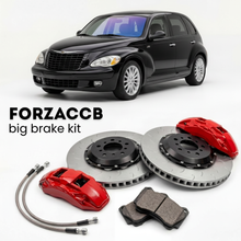 Black Chrysler PT Cruiser (2005-2010) shown above a ForzaCCB iron rotor big brake kit with 2x red 6-piston front calipers, 2x two-piece floating ventilated brake discs 380 mm, set of brake pads, and brake lines.