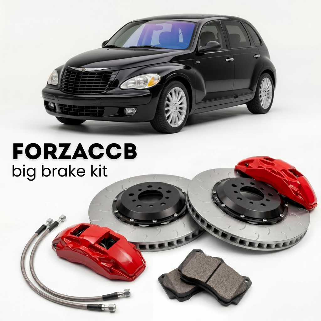 Black Chrysler PT Cruiser (2005-2010) shown above a ForzaCCB iron rotor big brake kit with 2x red 6-piston front calipers, 2x two-piece floating ventilated brake discs 380 mm, set of brake pads, and brake lines.