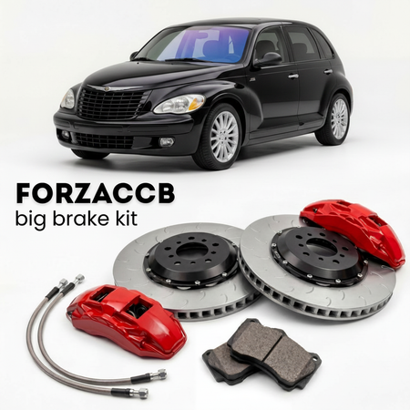 Black Chrysler PT Cruiser (2005-2010) shown above a ForzaCCB iron rotor big brake kit with 2x red 6-piston front calipers, 2x two-piece floating ventilated brake discs 380 mm, set of brake pads, and brake lines.
