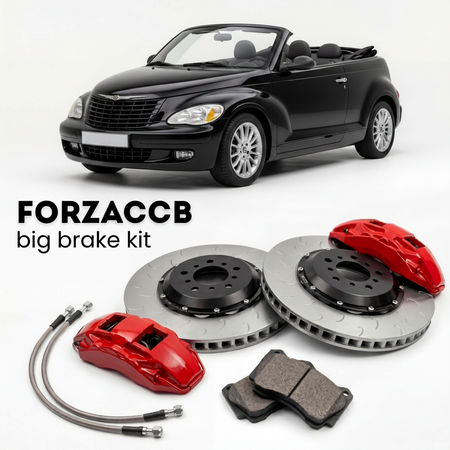 Black Chrysler PT Cruiser Cabrio (2005-2010) shown above a ForzaCCB iron rotor big brake kit with 2x red 6-piston front calipers, 2x two-piece floating ventilated brake discs 380 mm, set of brake pads, and brake lines.