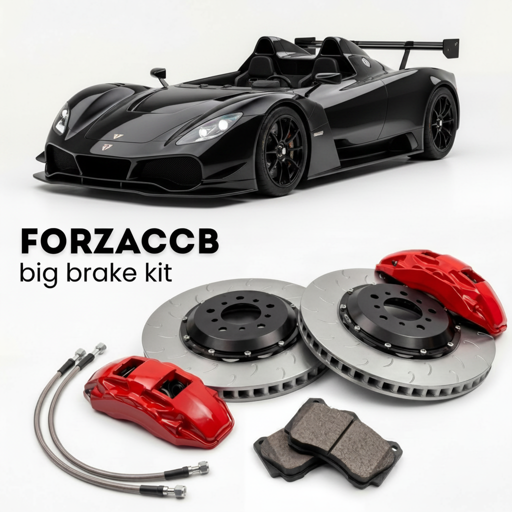 Black Dallara EXP track-only (2025-2026) shown above a ForzaCCB iron rotor big brake kit with 2x red 6-piston front calipers, 2x two-piece floating ventilated brake discs 380 mm, set of brake pads, and brake lines.