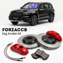 Black Deepal G318 (2024+) shown above a ForzaCCB iron rotor big brake kit with 2x red 6-piston front calipers, 2x two-piece floating ventilated brake discs 380 mm, set of brake pads, and brake lines.