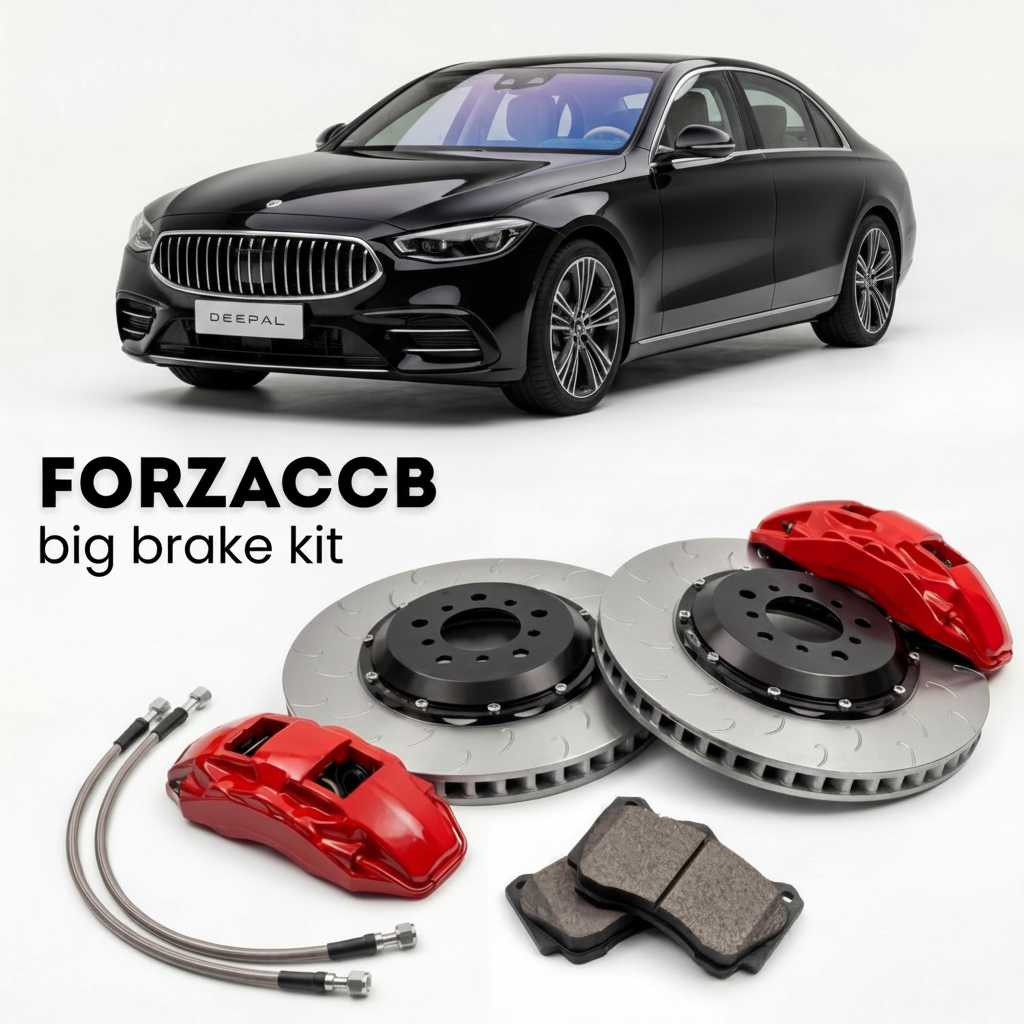Black Deepal L07 (2024+) shown above a ForzaCCB iron rotor big brake kit with 2x red 6-piston front calipers, 2x two-piece floating ventilated brake discs 380 mm, set of brake pads, and brake lines.