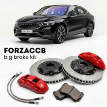 Black Deepal S05 (2024+) shown above a ForzaCCB iron rotor big brake kit with 2x red 6-piston front calipers, 2x two-piece floating ventilated brake discs 380 mm, set of brake pads, and brake lines.