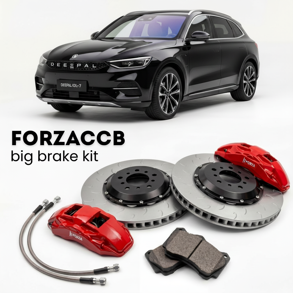 Black Deepal S07 Deepal S7 (2023-2024) shown above a ForzaCCB iron rotor big brake kit with 2x red 6-piston front calipers, 2x two-piece floating ventilated brake discs 380 mm, set of brake pads, and brake lines.