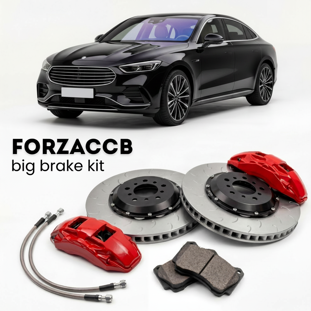 Black Deepal S09 (2025+) shown above a ForzaCCB iron rotor big brake kit with 2x red 6-piston front calipers, 2x two-piece floating ventilated brake discs 380 mm, set of brake pads, and brake lines.