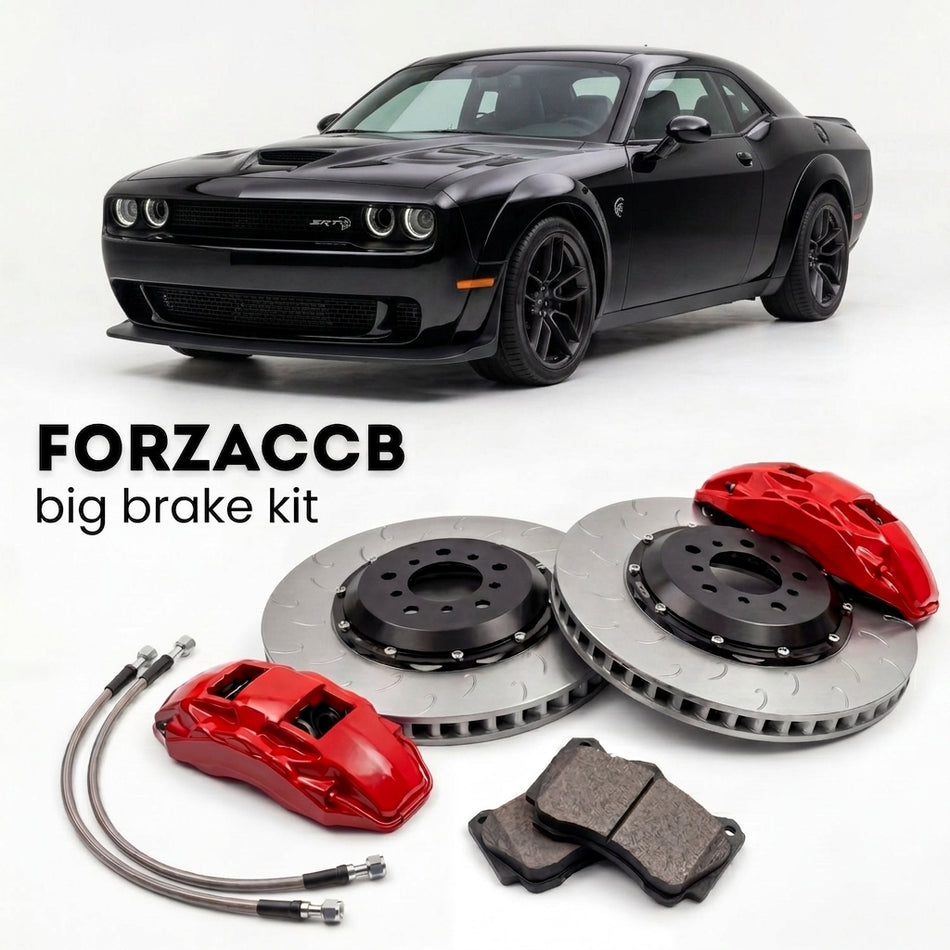 Black Dodge Challenger Hellcat (2015-2019) shown above a ForzaCCB iron rotor big brake kit with 2x red 6-piston front calipers, 2x two-piece floating ventilated brake discs 380 mm, set of brake pads, and brake lines.