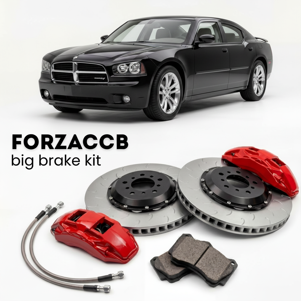Black Dodge Charger LX) (2006-2010 (VI) shown above a ForzaCCB iron rotor big brake kit with 2x red 6-piston front calipers, 2x two-piece floating ventilated brake discs 380 mm, set of brake pads, and brake lines.