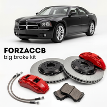 Black Dodge Charger LX) (2006-2010 (VI) shown above a ForzaCCB iron rotor big brake kit with 2x red 6-piston front calipers, 2x two-piece floating ventilated brake discs 380 mm, set of brake pads, and brake lines.