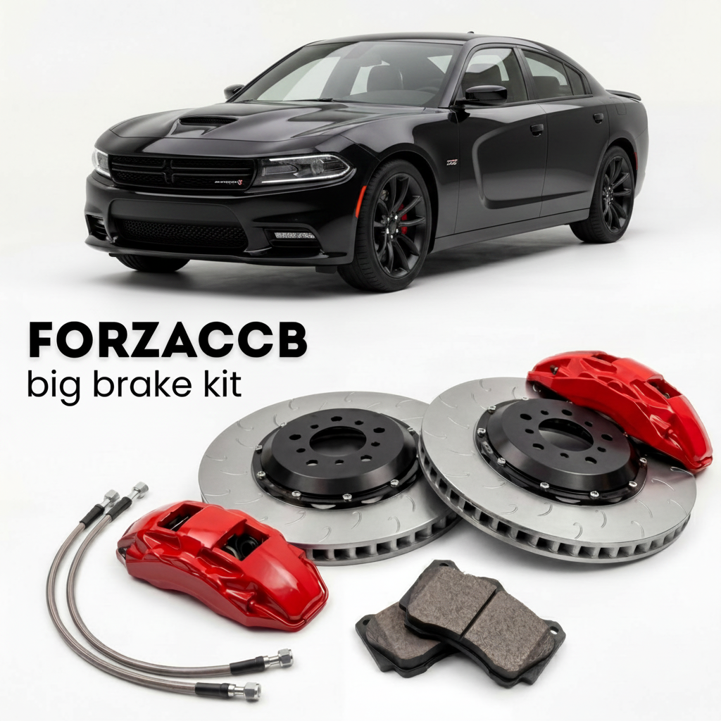 Black Dodge Charger LD, facelift 2015) (2015-2019 (VII) shown above a ForzaCCB iron rotor big brake kit with 2x red 6-piston front calipers, 2x two-piece floating ventilated brake discs 380 mm, set of brake pads, and brake lines.